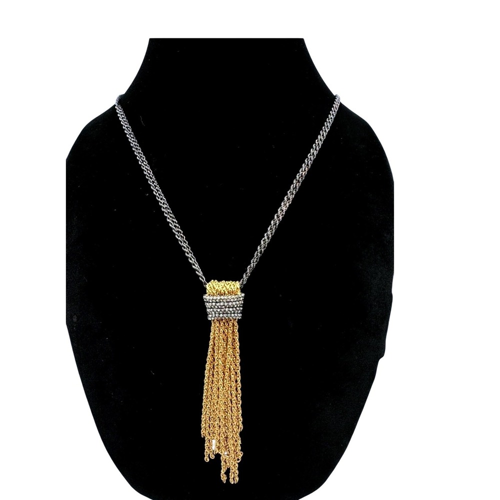 STELLA & DOT 'Windsor' Mixed Metal Chain‎ Gold Crystal Tassel Necklace 30"